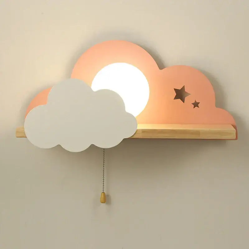 Pastel peach and white cloud moon wall lamp with wooden shelf star cutouts and pull switch by decorbites cloud moon wall lamp