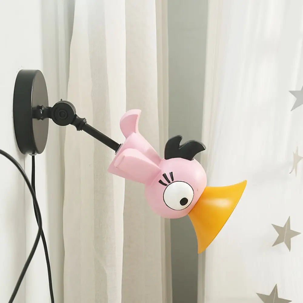 Aplique LED con forma de pájaro rosa de dibujos animados: Lámpara de pared metálica para habitación de niñas
