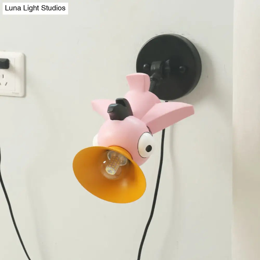 Aplique LED con forma de pájaro rosa de dibujos animados: Lámpara de pared metálica para habitación de niñas