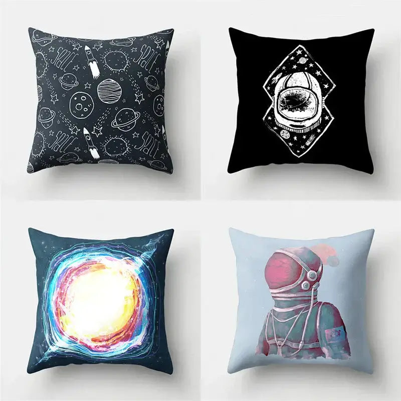 Four square throw pillows with cartoon planet astronaut designs and celestial patterns pillow case for decorbites cartoon planet decor