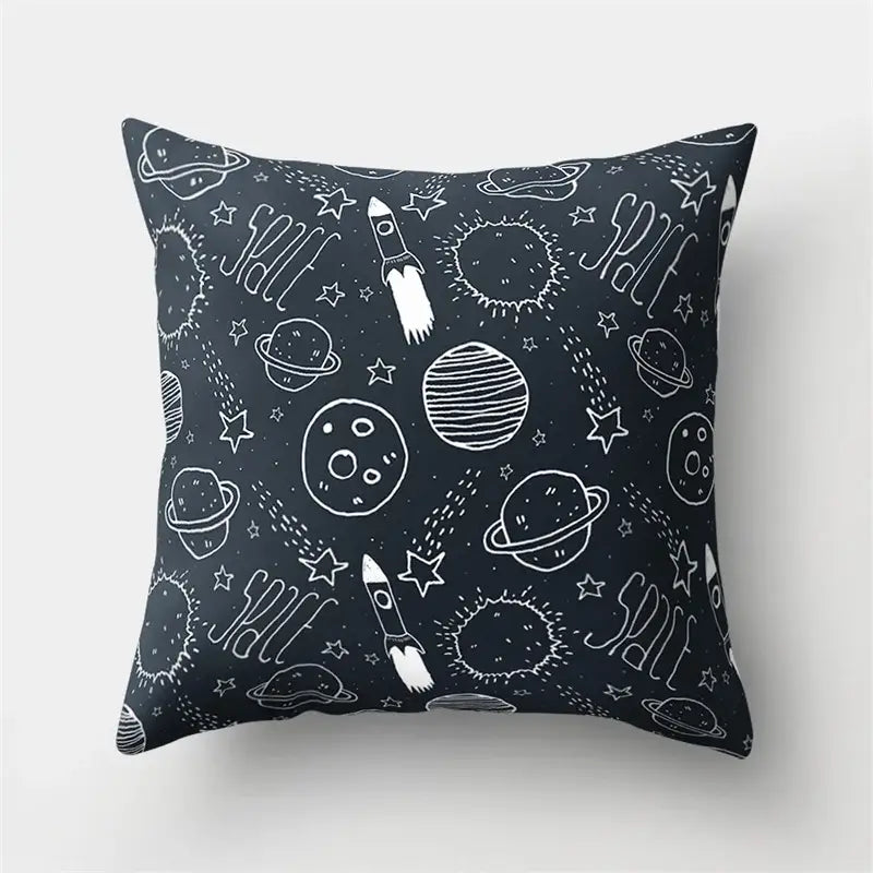 Black pillow case with white chalkboard-style cartoon planet astronaut space design for bedroom decorbites decor