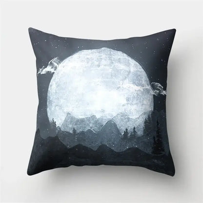 Black pillow case featuring decorbites cartoon planet astronaut with full moon and mountain illustration for bedroom decor