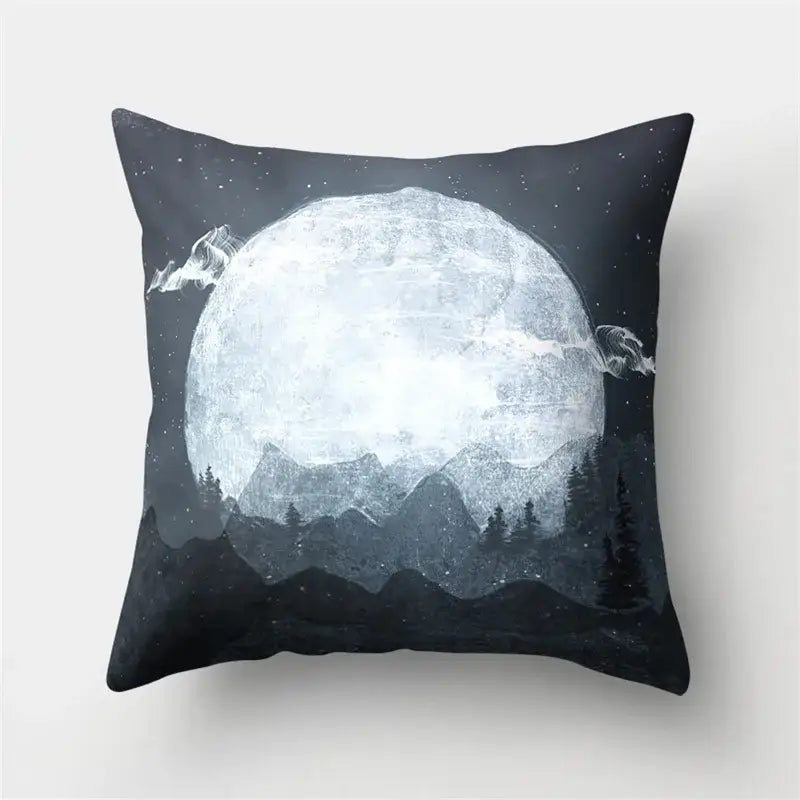Black pillow case featuring decorbites cartoon planet astronaut with full moon and mountain illustration for bedroom decor