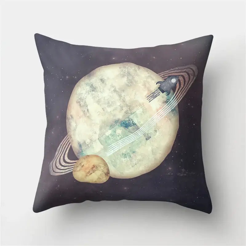 Square throw pillow case featuring decorbites cartoon planet astronaut design with textured pale planet and rocket on dark background