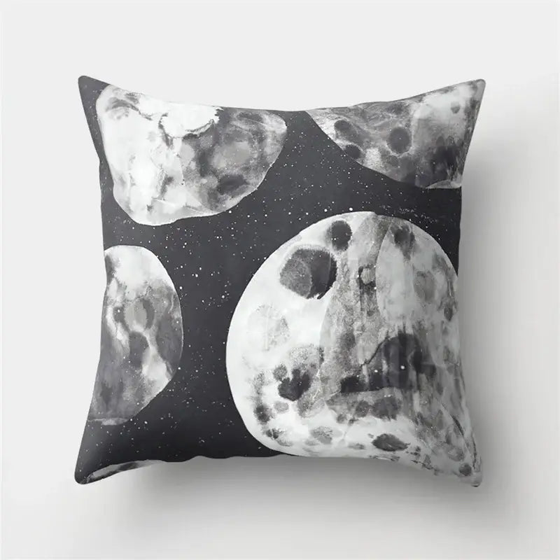 Black and white pillow case with cosmic cartoon planet astronaut design featuring moons for decorbites bedroom decor