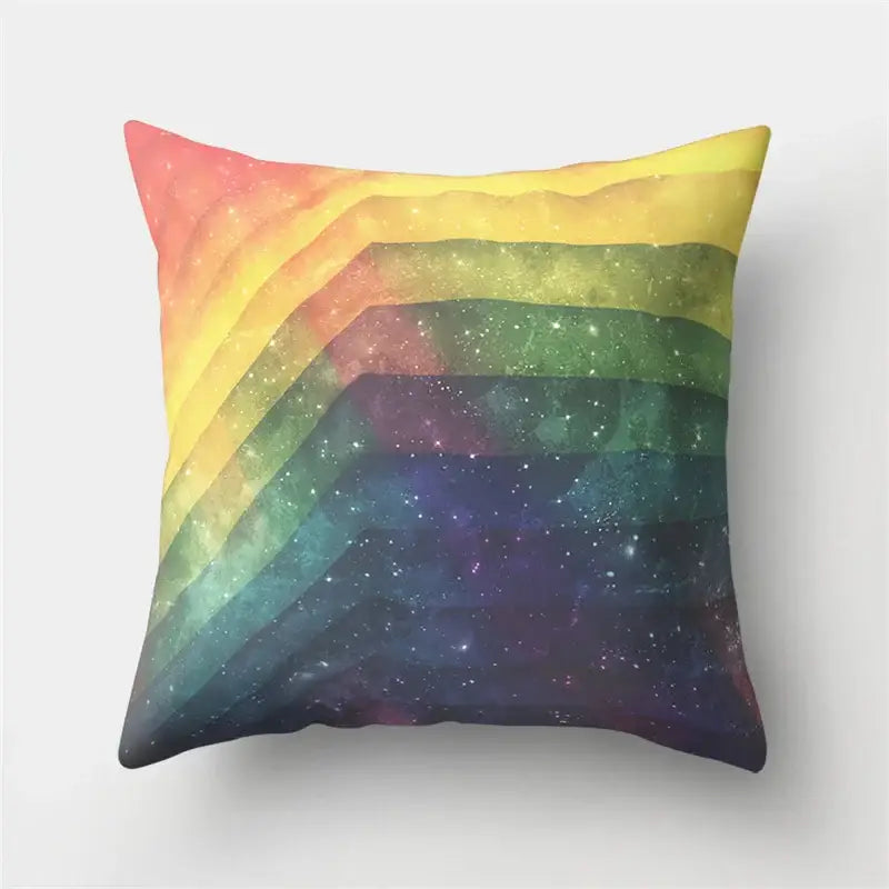 Square throw pillow case with vibrant rainbow and cosmic starry pattern by decorbites cartoon planet astronaut design