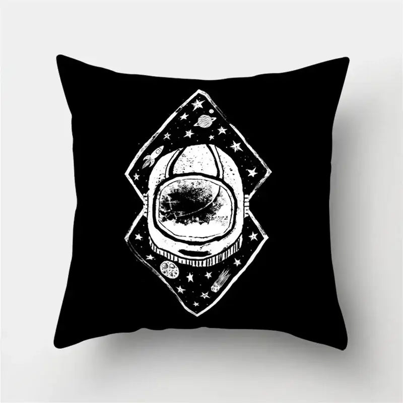 Black throw pillow case with white stylized astronaut helmet and stars decorbites cartoon planet astronaut design