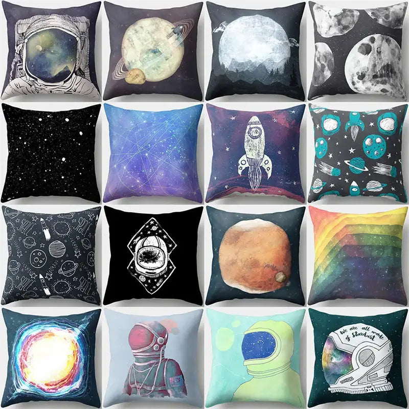 A set of decorbites cartoon planet astronaut pillow cases with colorful space-themed designs for bedroom decor