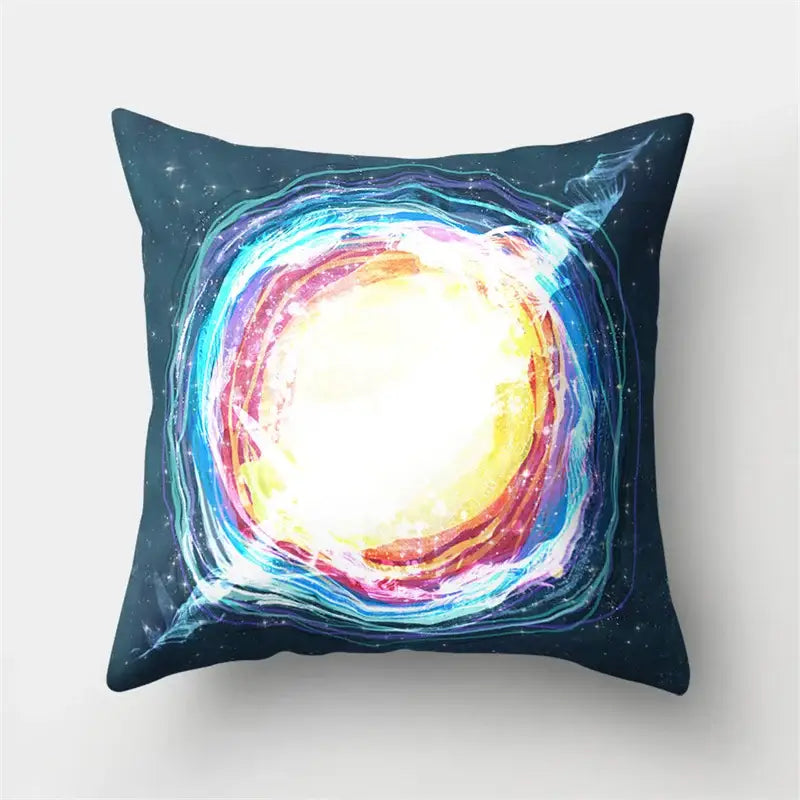 Square pillow case with vibrant cosmic design featuring swirling yellow orange blue and purple for decorbites cartoon planet astronaut decor