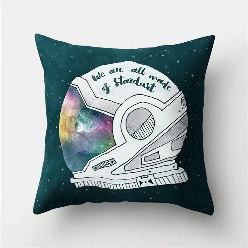 Dark teal pillow case with white astronaut helmet galaxy design and we are all made of stardust phrase decorbites cartoon planet astronaut