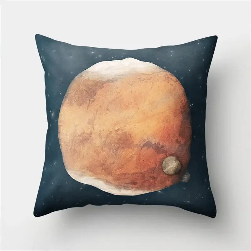 Square pillow case with decorbites cartoon planet astronaut design featuring mars on a dark blue starry background