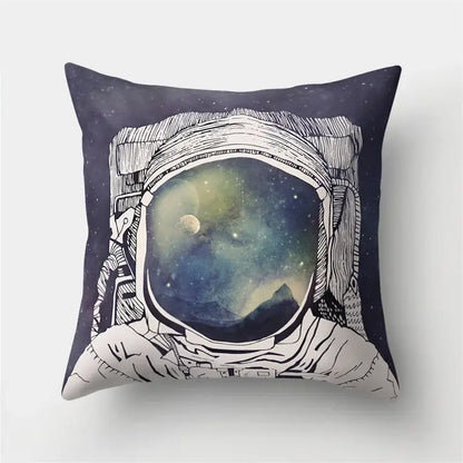 Square pillow case featuring a decorbites cartoon planet astronaut helmet with cosmic scene in black ink on navy background