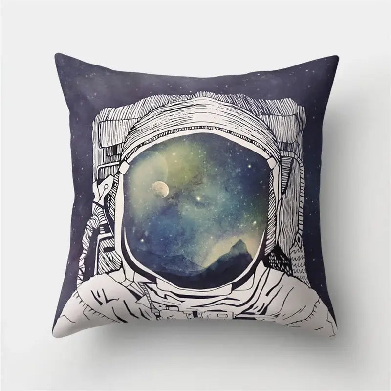Square pillow case featuring a decorbites cartoon planet astronaut helmet with cosmic scene in black ink on navy background