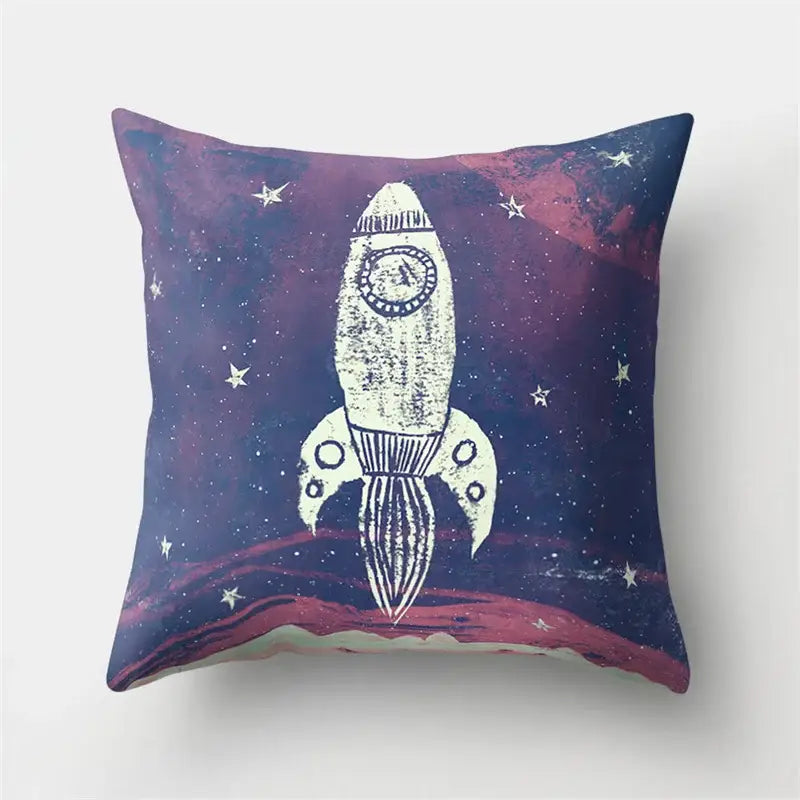 Square pillow case with white vintage rocket on deep purple cosmic background for decorbites cartoon planet astronaut decor