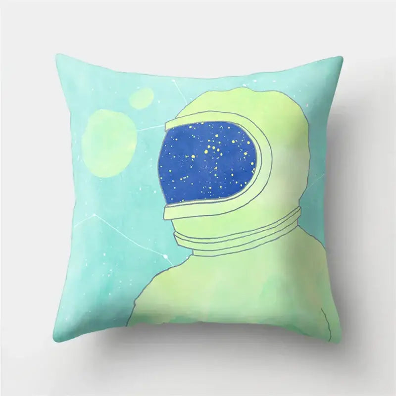Soft square pillow case featuring a decorbites cartoon planet astronaut in light green on a mint-green cosmic background