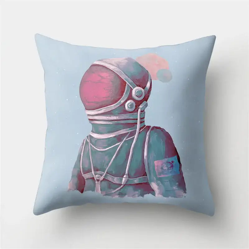 Square throw pillow case featuring a decorbites cartoon planet astronaut in teal pink with silver accents on blue background