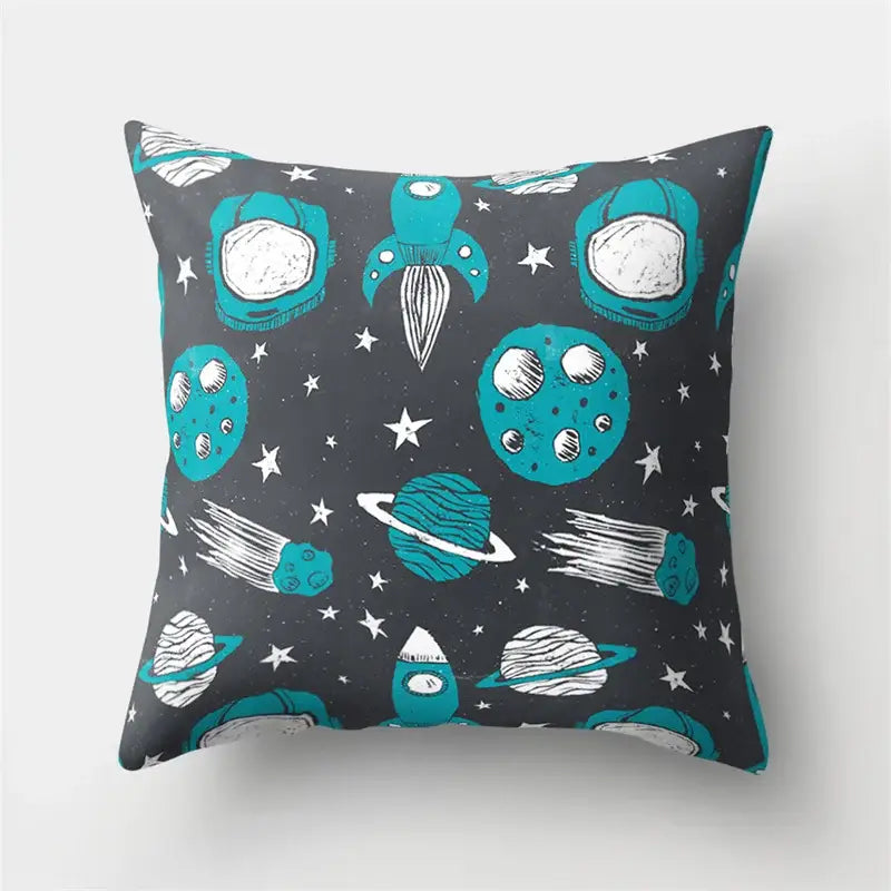 Square dark gray pillow case with playful teal and white decorbites cartoon planet astronaut space pattern