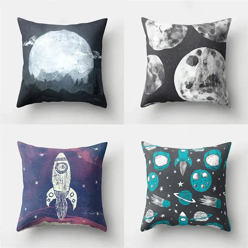 Space-themed pillow case with decorbites cartoon planet astronaut design in black teal and purple for bedroom decor