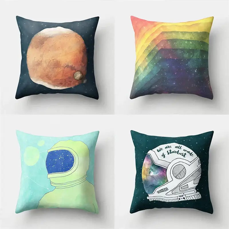 Set of four colorful space-themed cartoon planet astronaut pillow cases featuring mars and stardust design decorbites