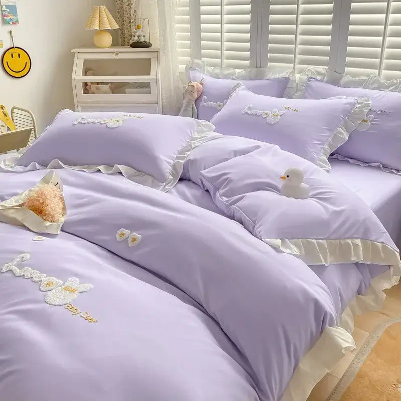 Lavender-colored bedding set with delicate white ruffles and embroidered floral designs from decorbites cartoon princess collection