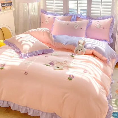 Pastel pink and lavender ruffled bedding set with embroidered floral and bunny motifs for decorbites cartoon princess bedroom