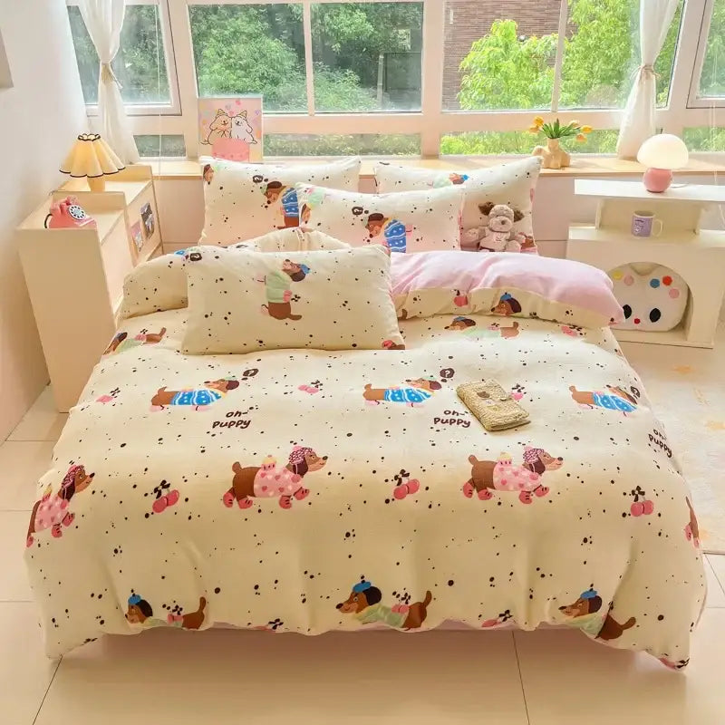Cream-colored cotton bedding set with cartoon print dachshunds and black polka dots from decorbites cartoon print collection