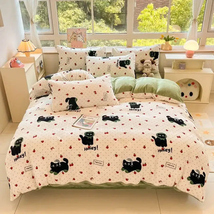Cream-colored cotton bedding set with black cartoon print cats honey text red polka dots and soft green pillow decorbites cartoon print