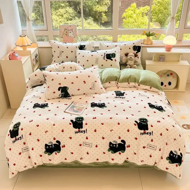 Cream-colored cotton bedding set with black cartoon print cats honey text red polka dots and soft green pillow decorbites cartoon print