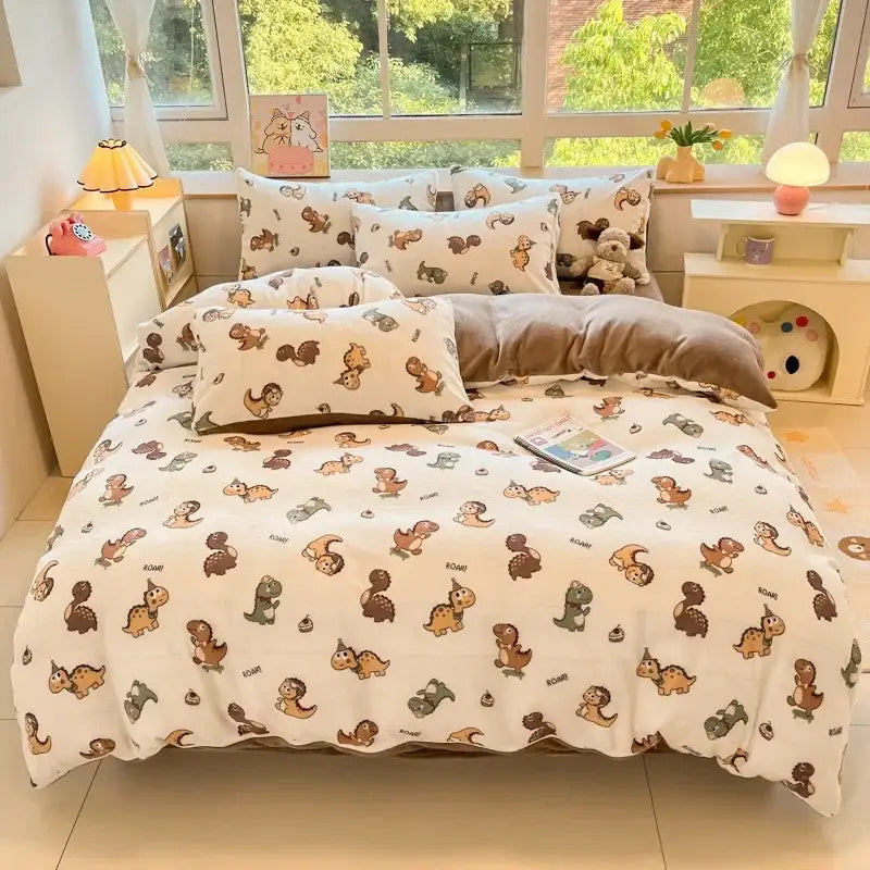 Cream-colored cotton bedding set with decorbites cartoon print of brown green and tan dinosaurs for bedroom use