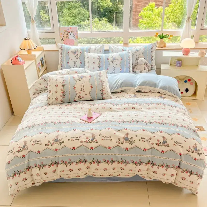 Pastel blue and cream cotton bedding set with cartoon print rabbit and pink blossoms decorbites cartoon print design