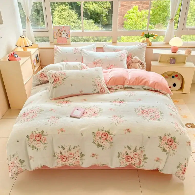 Pastel pink and white cartoon print bedding set with teddy bear design made of soft cotton by decorbites cartoon print