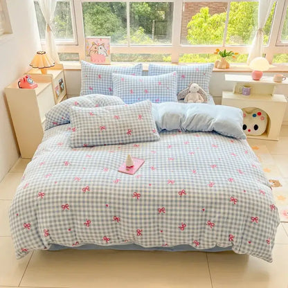 Light blue and white gingham cotton bedding set with pink bow patterns featuring decorbites cartoon print teddy bear design