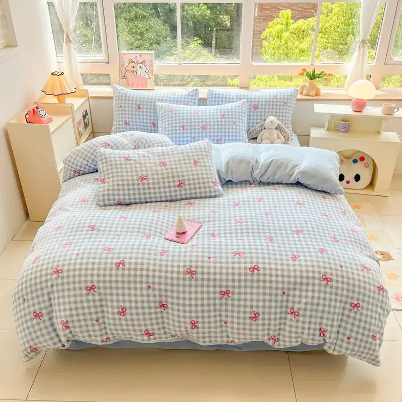Light blue and white gingham cotton bedding set with pink bow patterns featuring decorbites cartoon print teddy bear design