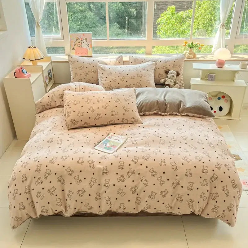 Beige teddy bear and dot pattern cartoon print cotton bedding set from decorbites for bedroom decor