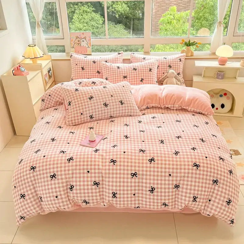 Cotton bedding set featuring pink and white checkered duvet with black bow patterns from decorbites cartoon print collection