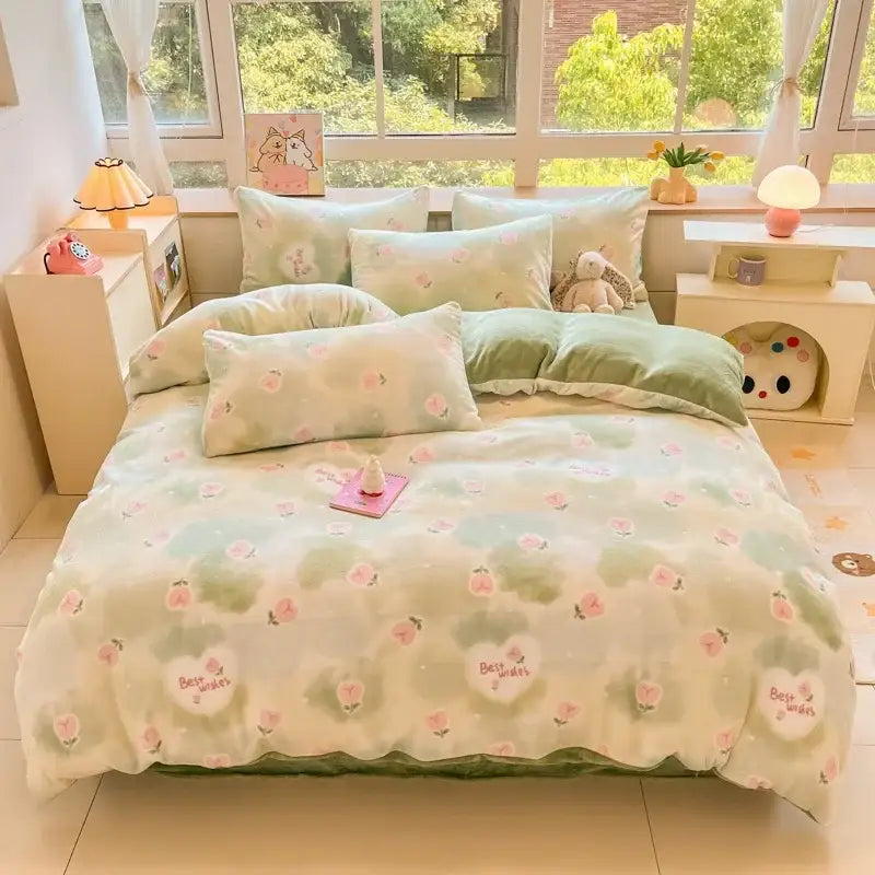 Pastel green and pink cartoon print bedding set with plush cotton fabric featuring teddy bear decorbites cartoon print design