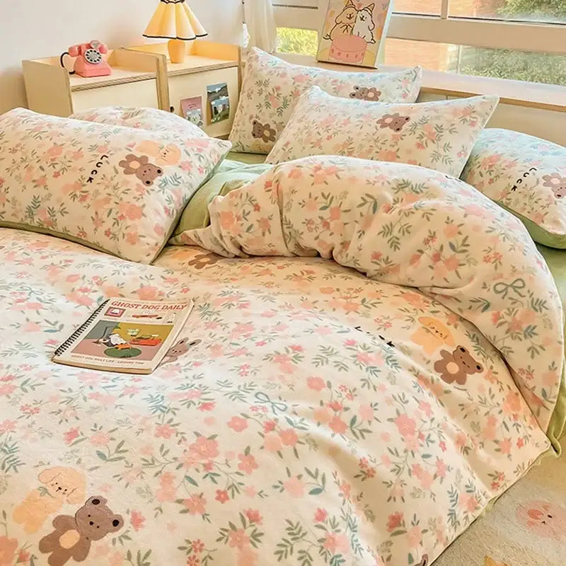 Floral cartoon print pink and green cotton bedding set with teddy bear motifs from decorbites cartoon print collection
