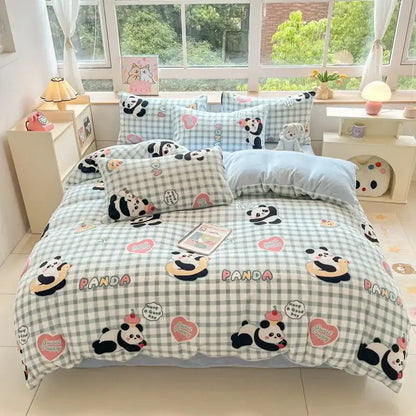 Cute panda-themed cotton bedding set with green and white checkered cartoon print by decorbites featuring pink hearts