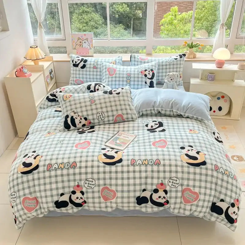 Cute panda-themed cotton bedding set with green and white checkered cartoon print by decorbites featuring pink hearts
