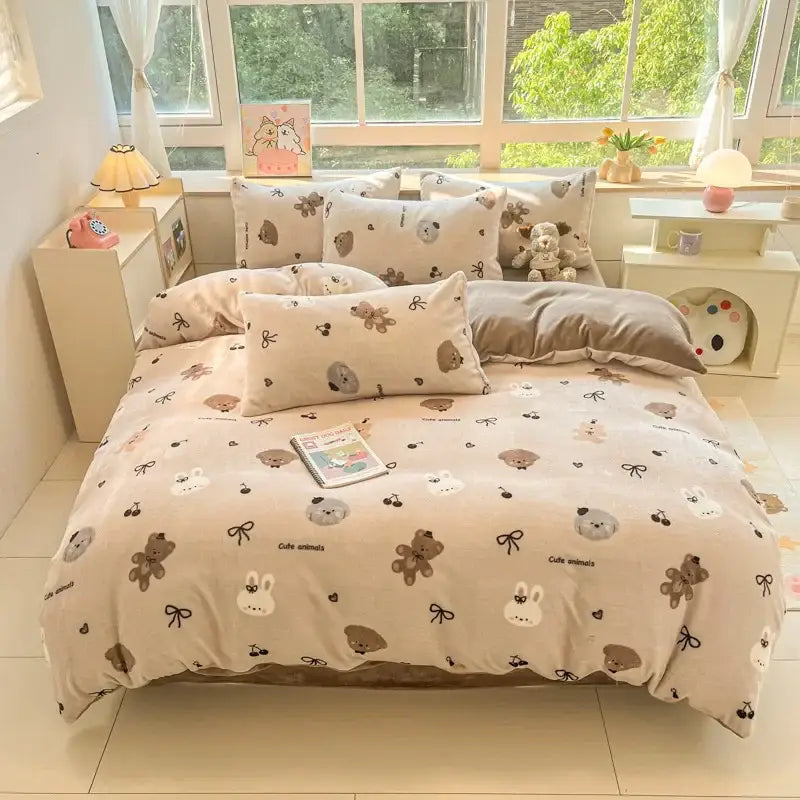 Cute beige plush cotton bedding set with embroidered teddy bears bunnies and bows featuring decorbites cartoon print