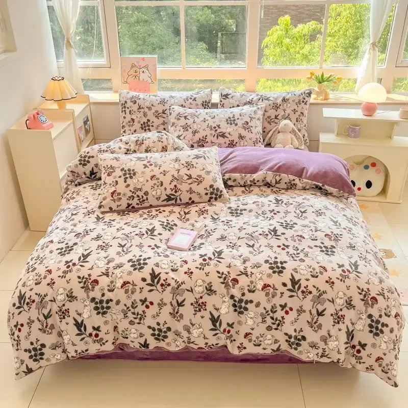 Cream-colored cotton bedding set with cartoon print floral and bunny design featuring decorbites cartoon print accents