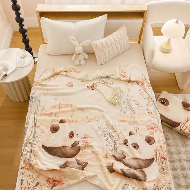 Soft cream cotton blanket with cartoon printed pandas floral and bamboo design for bedroom sofa decorbites cartoon printed