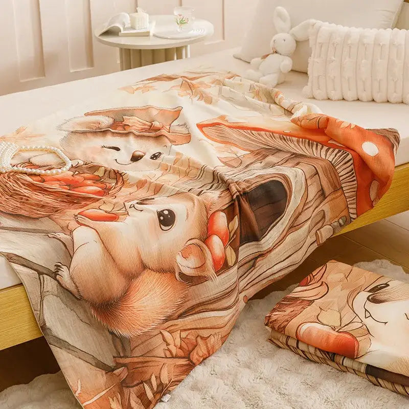 Cream-colored decorbites cartoon printed cotton blanket with squirrel illustration for teddy bear bedroom sofa cover
