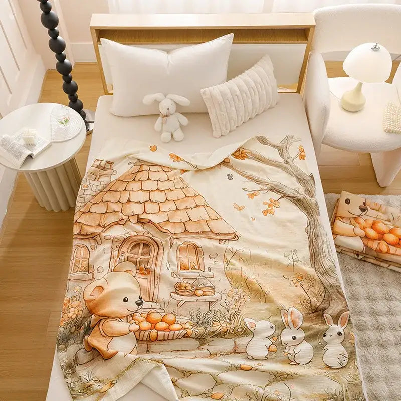 Cozy cream-colored decorbites cartoon printed cotton blanket with teddy bear and bunnies for bedroom or sofa use