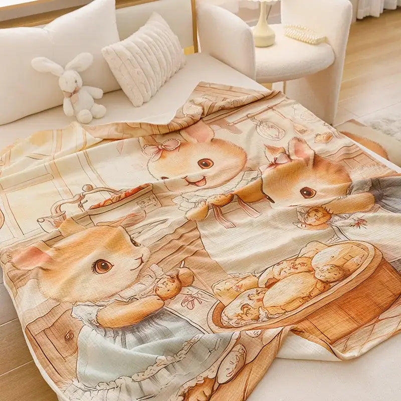 A cream-colored decorbites cartoon printed cotton blanket featuring cute vintage-style rabbits for bedroom or sofa use