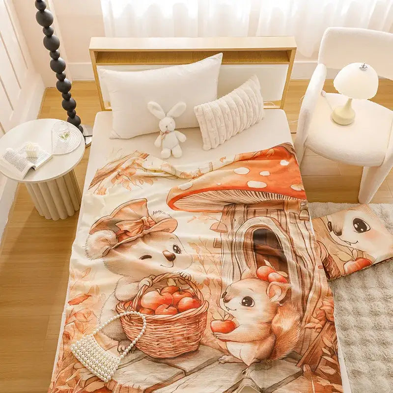Cream-colored decorbites cartoon printed cotton fleece blanket with autumn forest animals for bedroom and sofa use