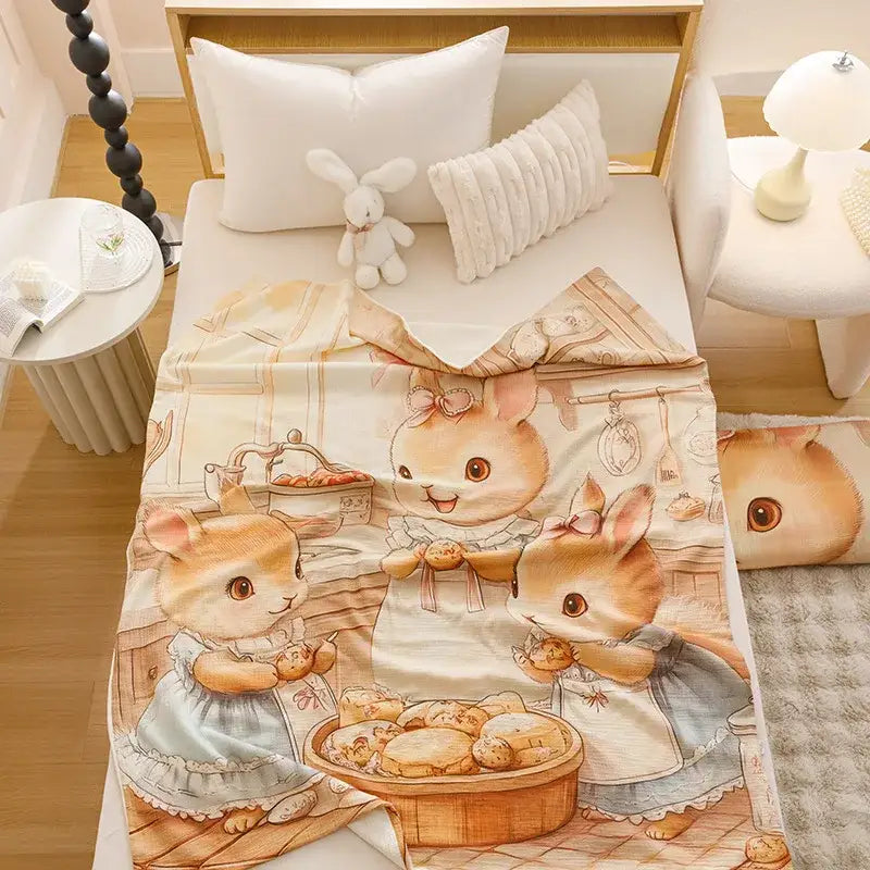 Cartoon printed cotton blanket beige bunny themed with three bunnies baking pastries in a cozy kitchen decorbites design