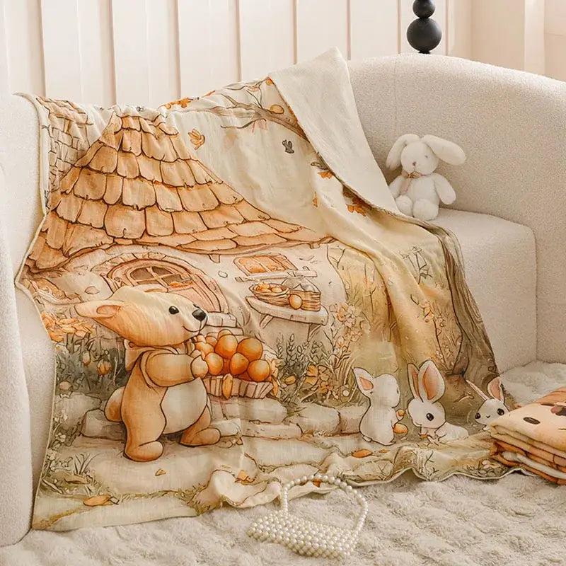 Cream teddy bear bedroom sofa cover made of decorbites cartoon printed cotton featuring a cozy cottage scene