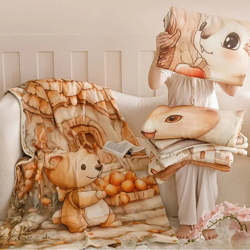 Soft beige decorbites cartoon printed cotton blanket with charming teddy bear and cozy cottage design for sofa decor