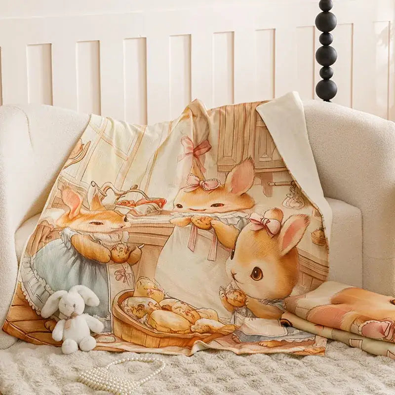 Cream printed cotton blanket featuring decorbites cartoon printed bunnies in vintage dresses for bedroom sofa decor